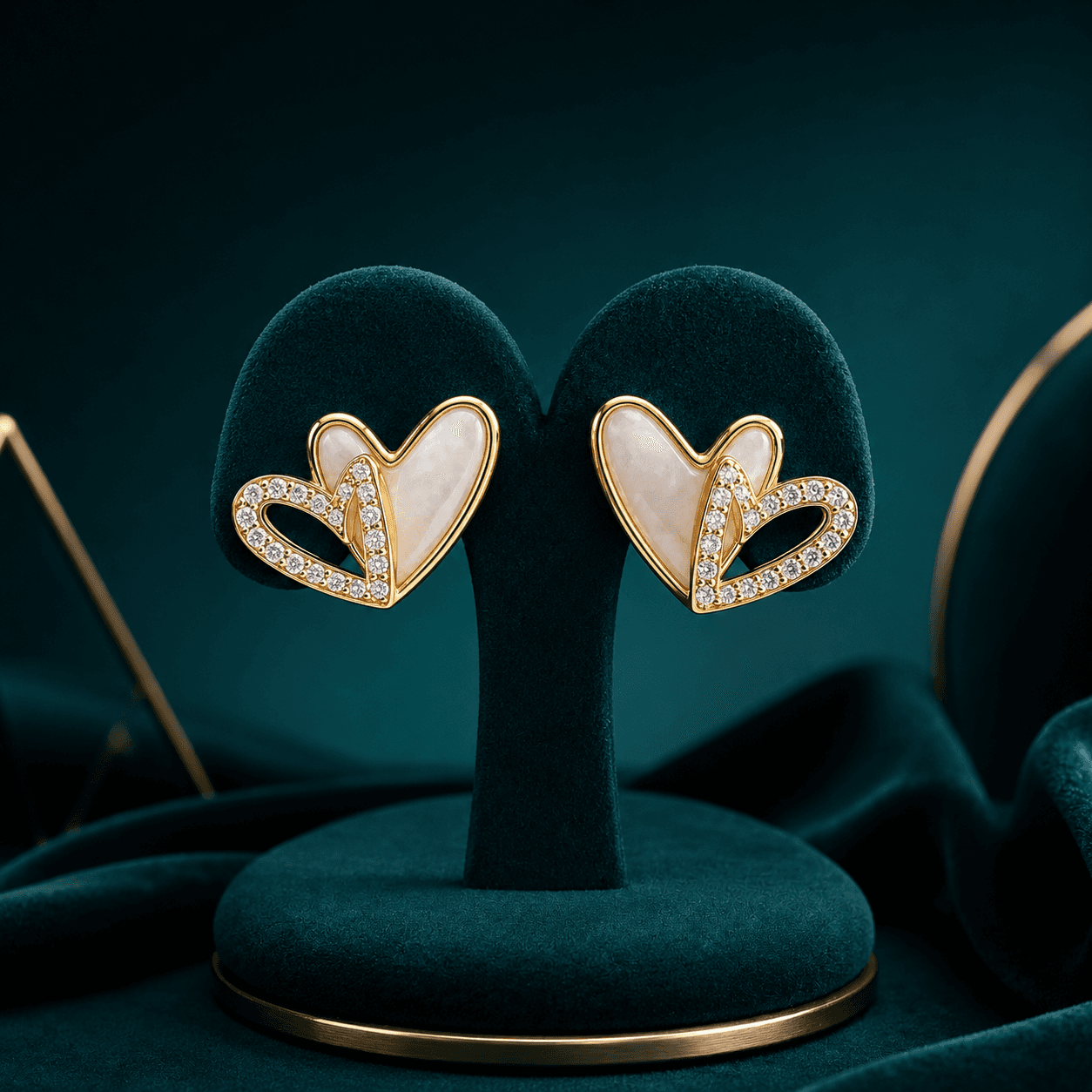 Gold Double Heart Studs Earrings