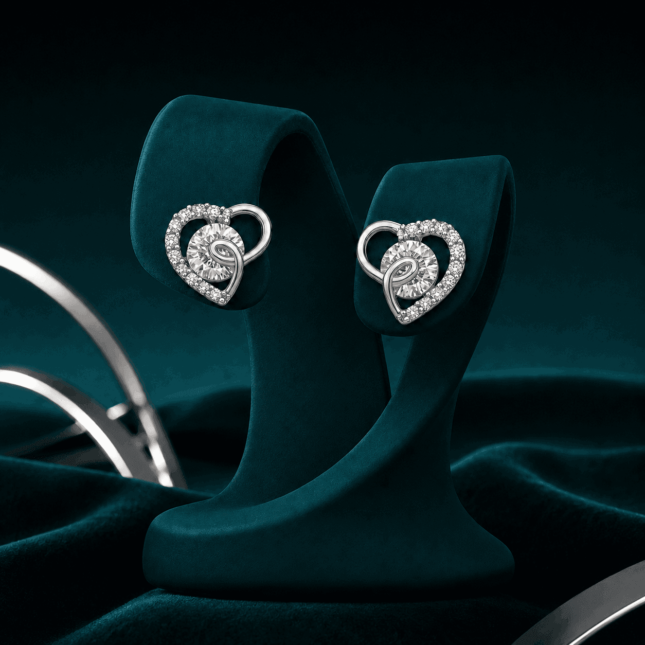 Elegance Half-Pave Heart Silver Earrings