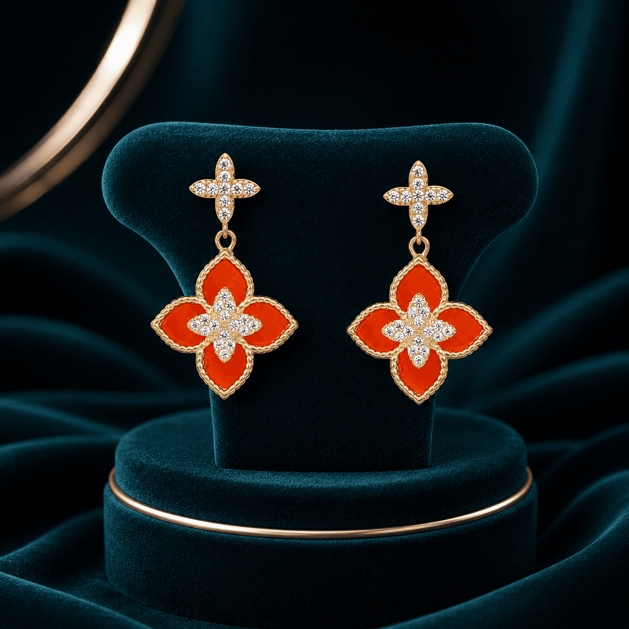 Gold Clover Red Studs Earrings alternate view