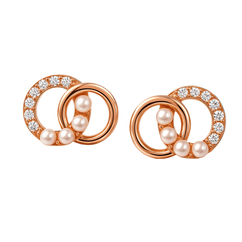Rosegold Interlocking Circle Pearl Studs view 1