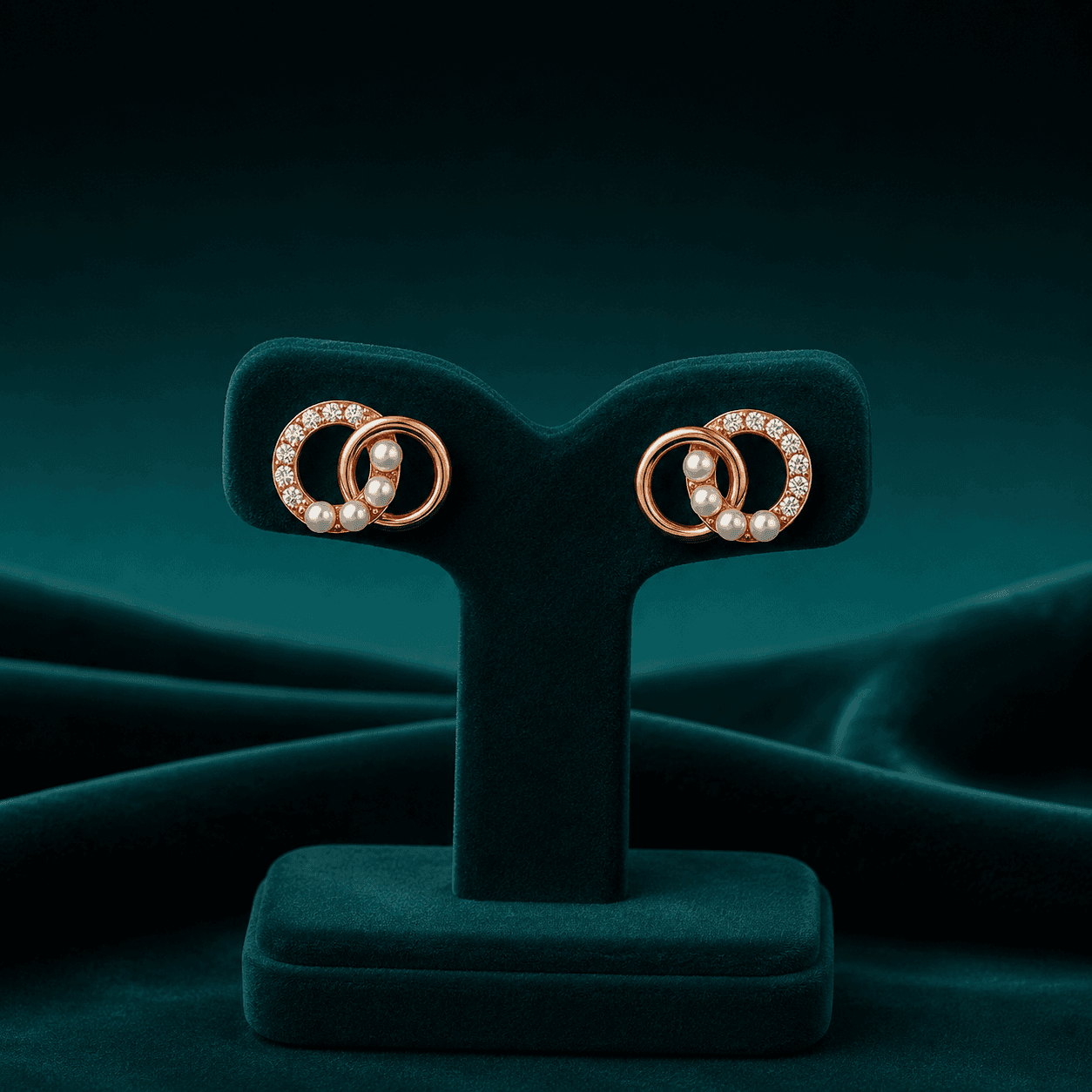 Rosegold Interlocking Circle Pearl Studs