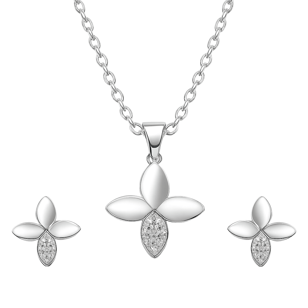 Silver Clover Leaf Pendant & Stud Set view 1
